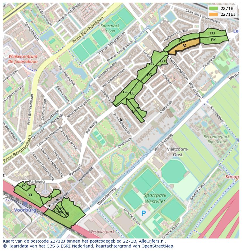 Afbeelding van het postcodegebied 2271 BJ op de kaart.