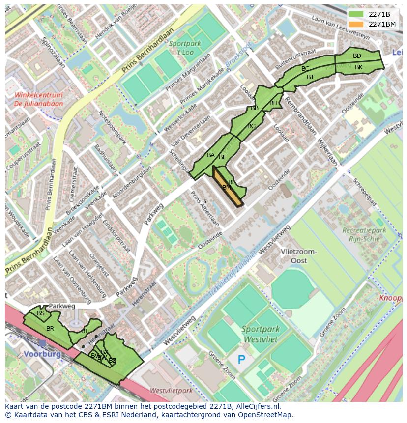 Afbeelding van het postcodegebied 2271 BM op de kaart.