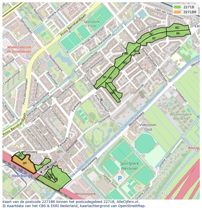 Afbeelding van het postcodegebied 2271 BR op de kaart.