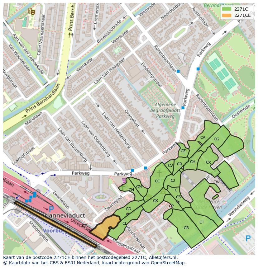 Afbeelding van het postcodegebied 2271 CE op de kaart.