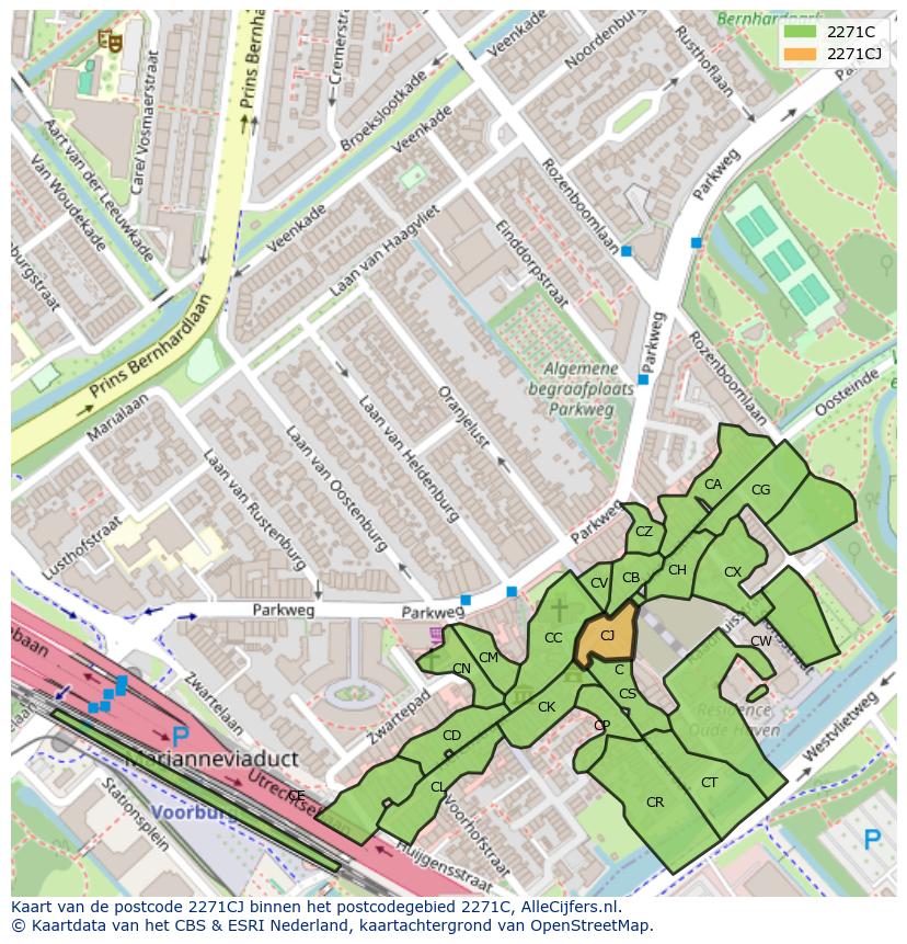 Afbeelding van het postcodegebied 2271 CJ op de kaart.