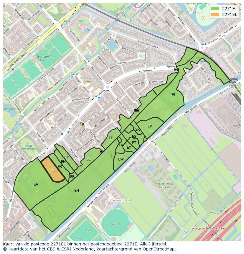 Afbeelding van het postcodegebied 2271 EL op de kaart.