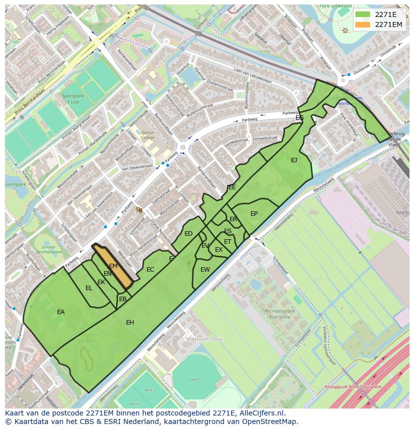 Afbeelding van het postcodegebied 2271 EM op de kaart.