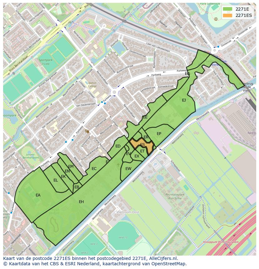 Afbeelding van het postcodegebied 2271 ES op de kaart.