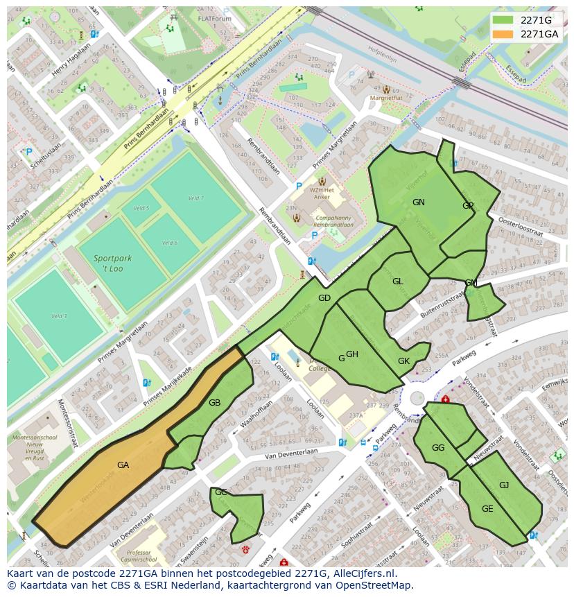 Afbeelding van het postcodegebied 2271 GA op de kaart.