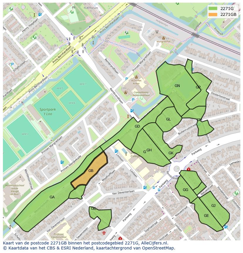 Afbeelding van het postcodegebied 2271 GB op de kaart.