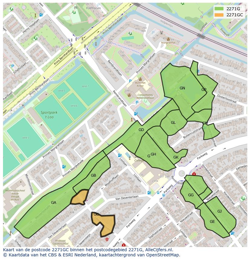 Afbeelding van het postcodegebied 2271 GC op de kaart.