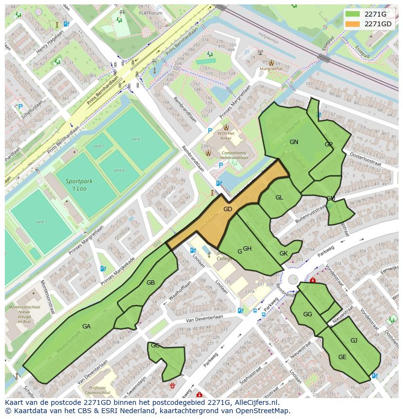 Afbeelding van het postcodegebied 2271 GD op de kaart.