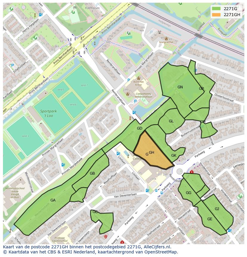 Afbeelding van het postcodegebied 2271 GH op de kaart.