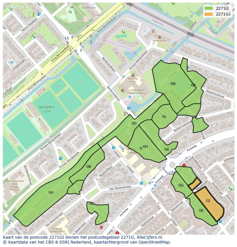 Afbeelding van het postcodegebied 2271 GJ op de kaart.