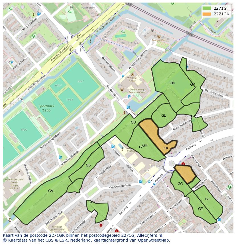 Afbeelding van het postcodegebied 2271 GK op de kaart.
