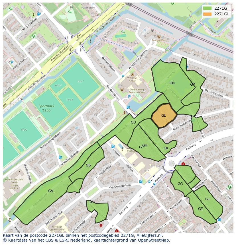 Afbeelding van het postcodegebied 2271 GL op de kaart.