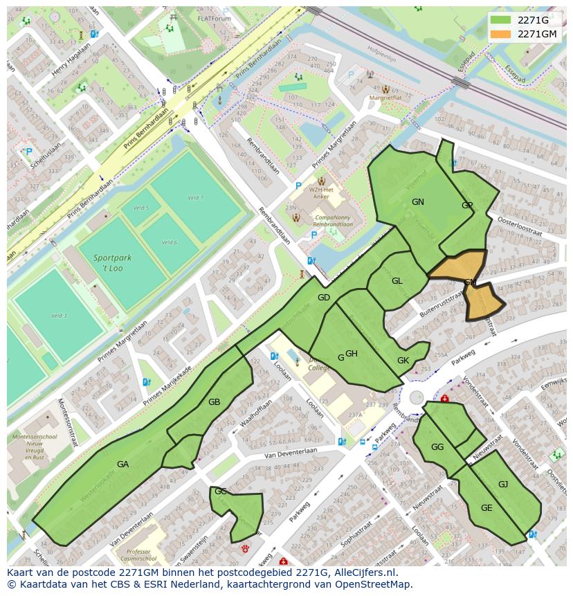 Afbeelding van het postcodegebied 2271 GM op de kaart.