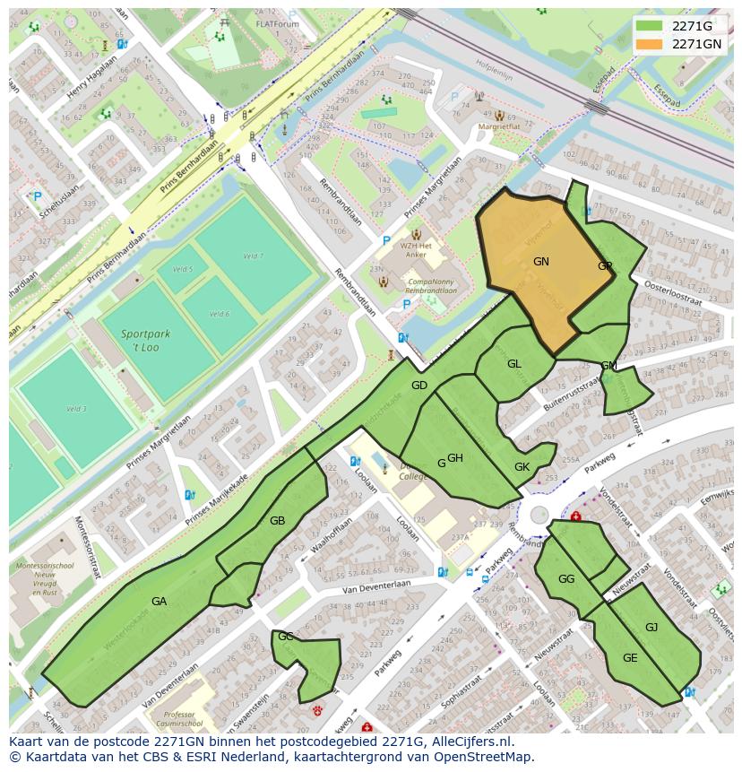Afbeelding van het postcodegebied 2271 GN op de kaart.