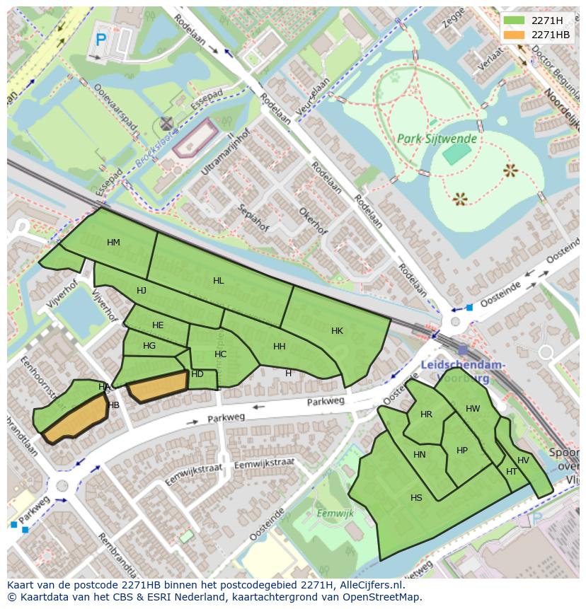 Afbeelding van het postcodegebied 2271 HB op de kaart.