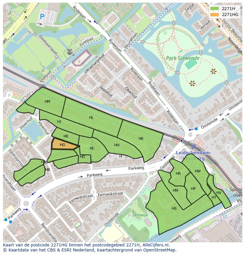 Afbeelding van het postcodegebied 2271 HG op de kaart.