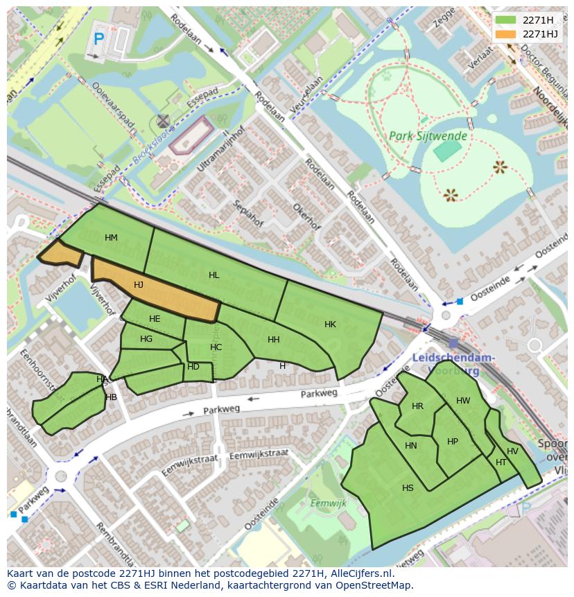 Afbeelding van het postcodegebied 2271 HJ op de kaart.