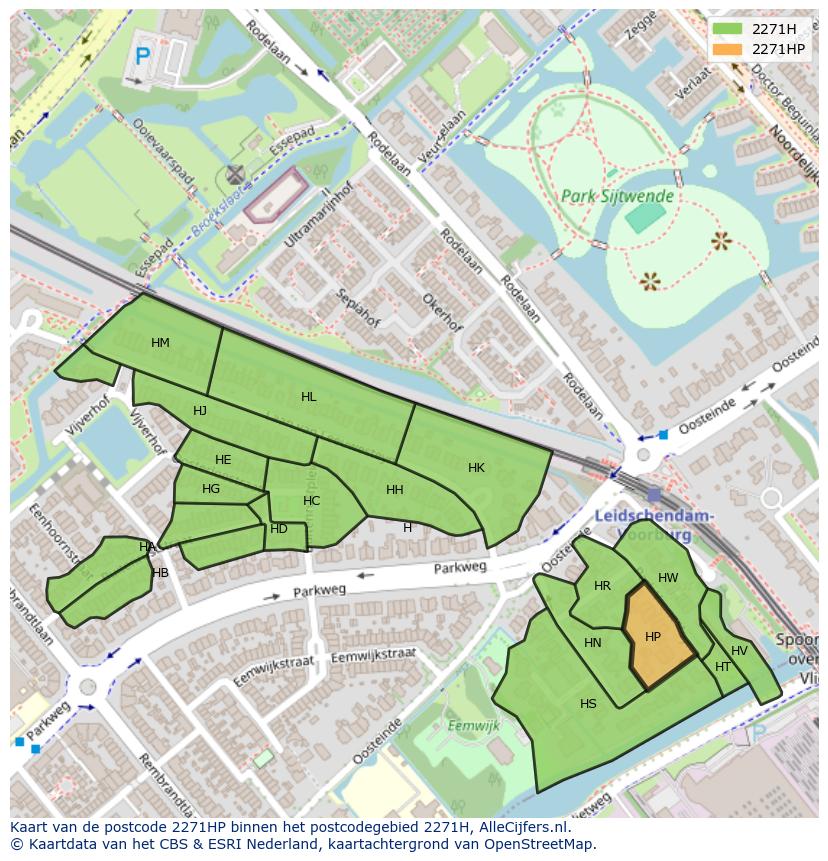 Afbeelding van het postcodegebied 2271 HP op de kaart.