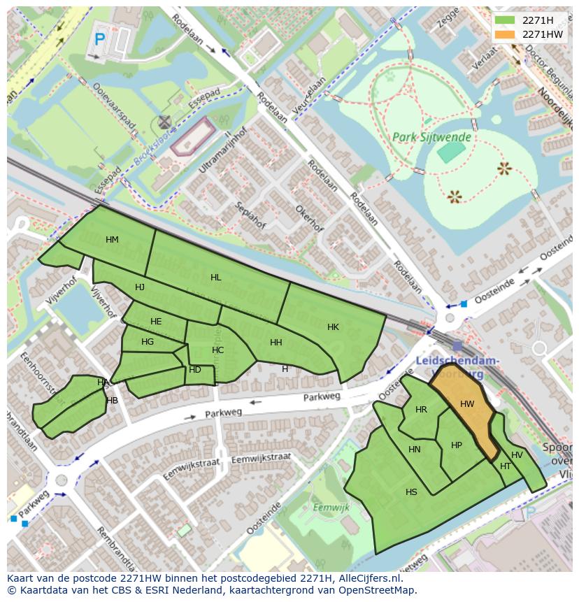 Afbeelding van het postcodegebied 2271 HW op de kaart.