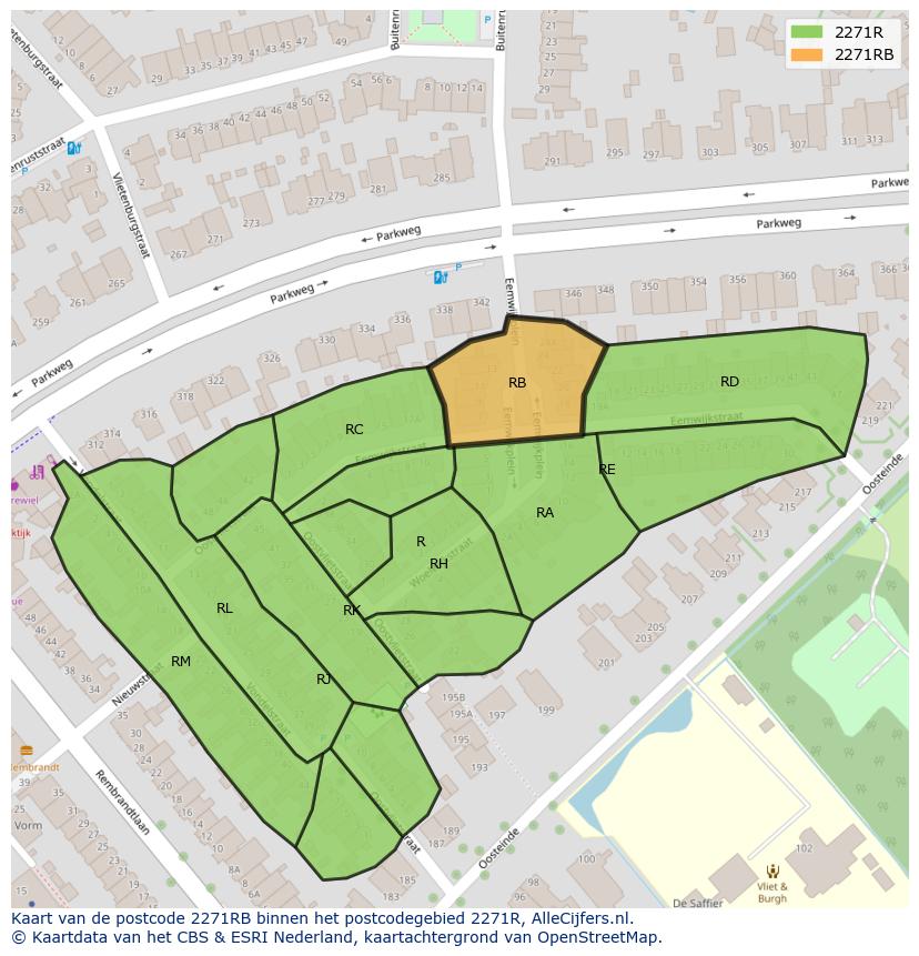 Afbeelding van het postcodegebied 2271 RB op de kaart.