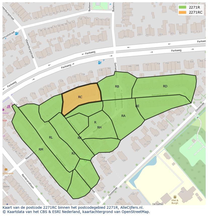 Afbeelding van het postcodegebied 2271 RC op de kaart.