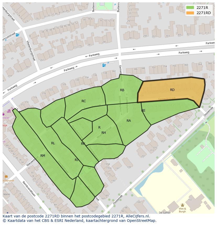 Afbeelding van het postcodegebied 2271 RD op de kaart.