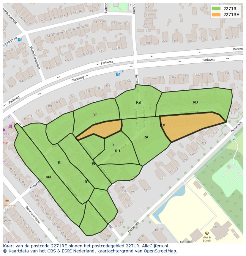 Afbeelding van het postcodegebied 2271 RE op de kaart.