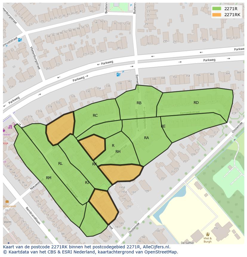 Afbeelding van het postcodegebied 2271 RK op de kaart.