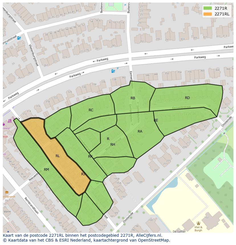 Afbeelding van het postcodegebied 2271 RL op de kaart.