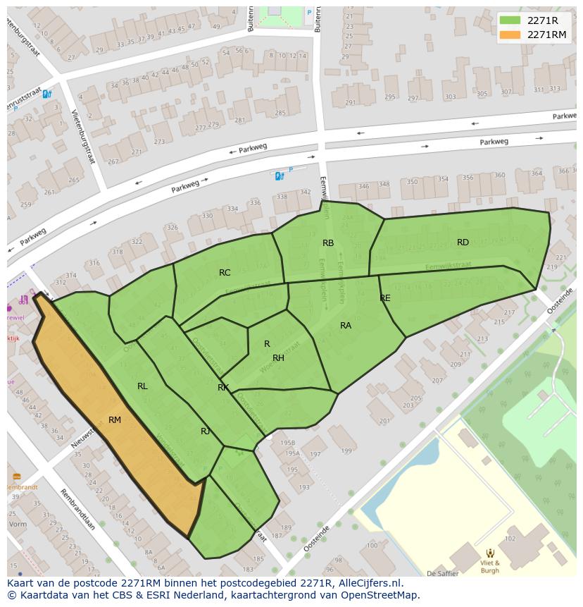 Afbeelding van het postcodegebied 2271 RM op de kaart.