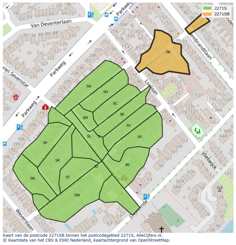 Afbeelding van het postcodegebied 2271 SB op de kaart.