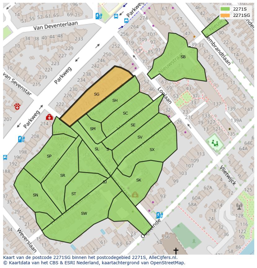 Afbeelding van het postcodegebied 2271 SG op de kaart.