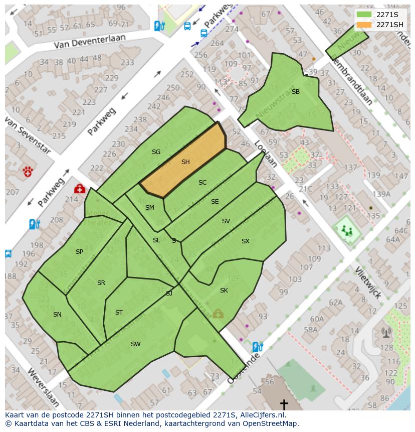 Afbeelding van het postcodegebied 2271 SH op de kaart.