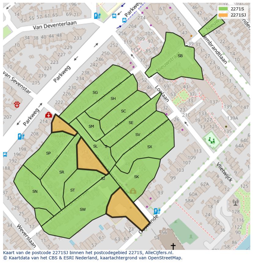 Afbeelding van het postcodegebied 2271 SJ op de kaart.