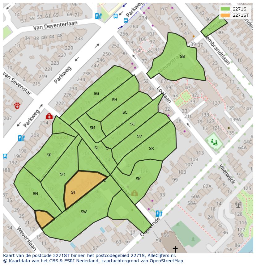 Afbeelding van het postcodegebied 2271 ST op de kaart.