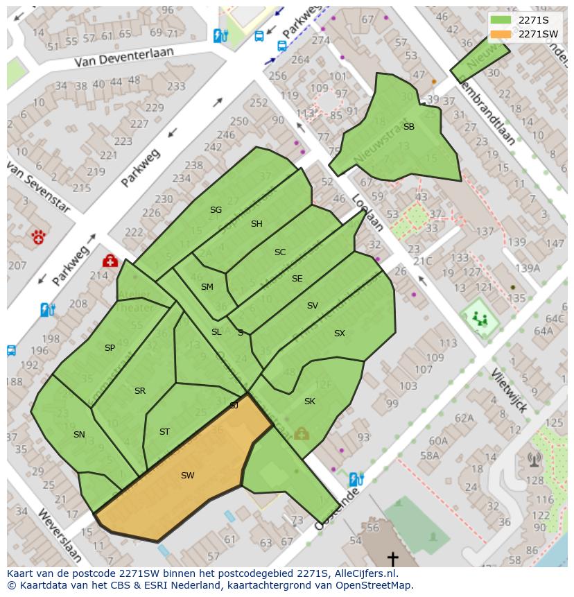 Afbeelding van het postcodegebied 2271 SW op de kaart.
