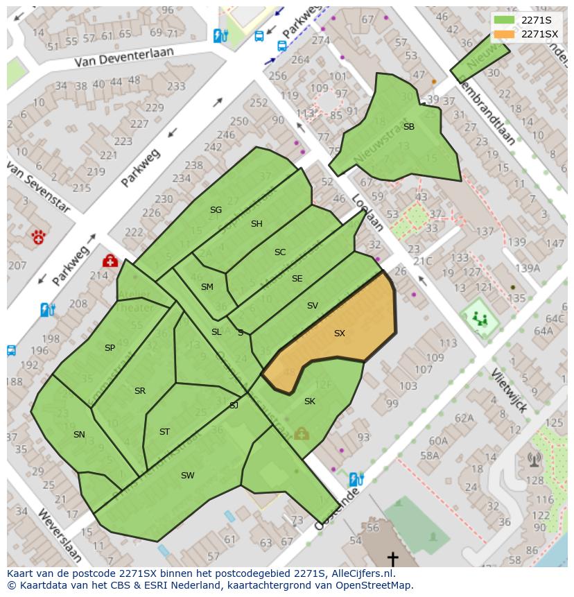 Afbeelding van het postcodegebied 2271 SX op de kaart.