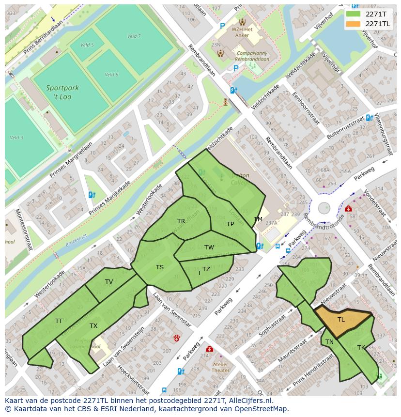 Afbeelding van het postcodegebied 2271 TL op de kaart.