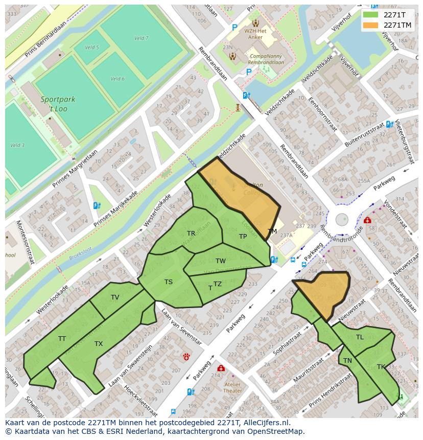 Afbeelding van het postcodegebied 2271 TM op de kaart.