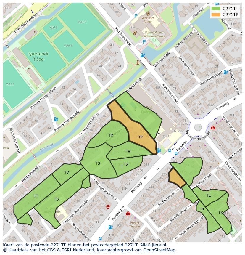 Afbeelding van het postcodegebied 2271 TP op de kaart.