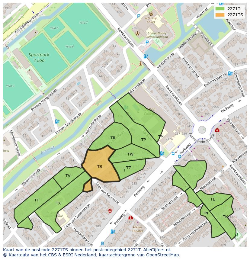 Afbeelding van het postcodegebied 2271 TS op de kaart.