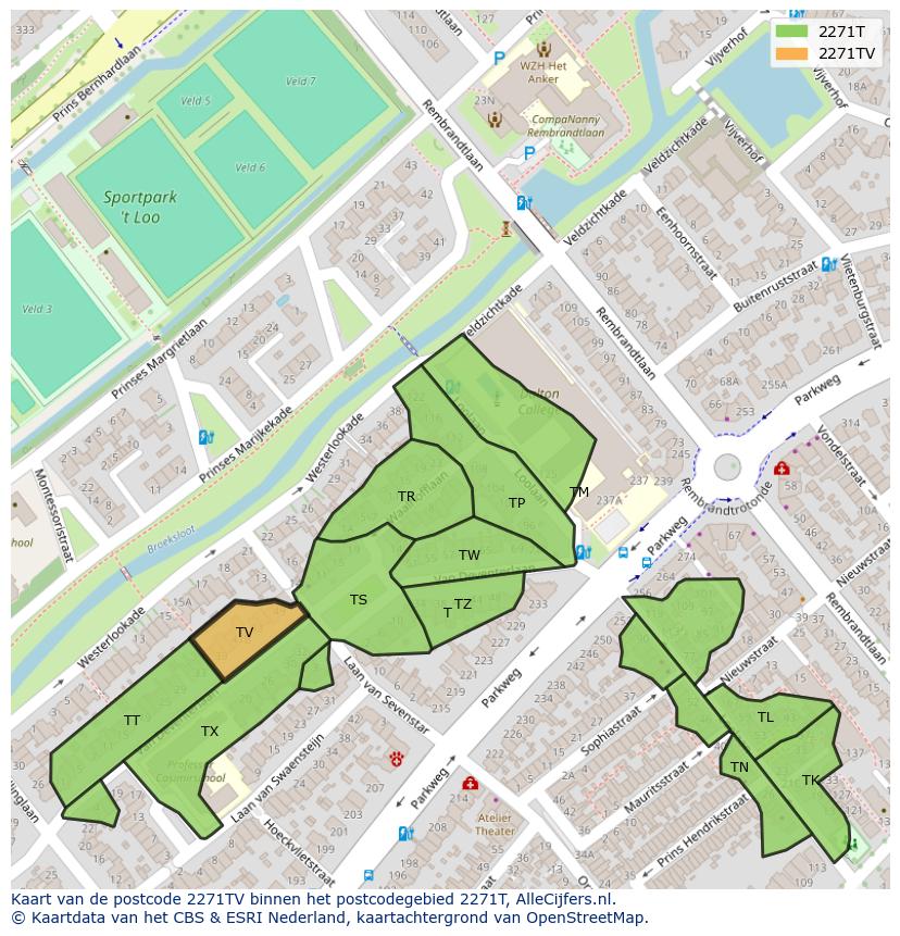 Afbeelding van het postcodegebied 2271 TV op de kaart.