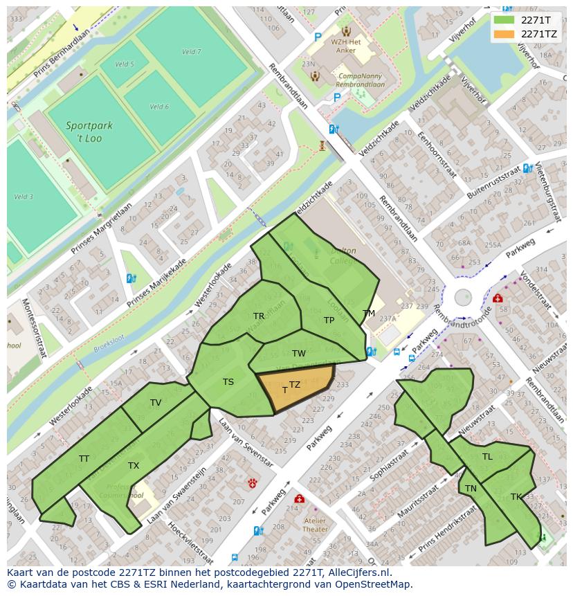 Afbeelding van het postcodegebied 2271 TZ op de kaart.