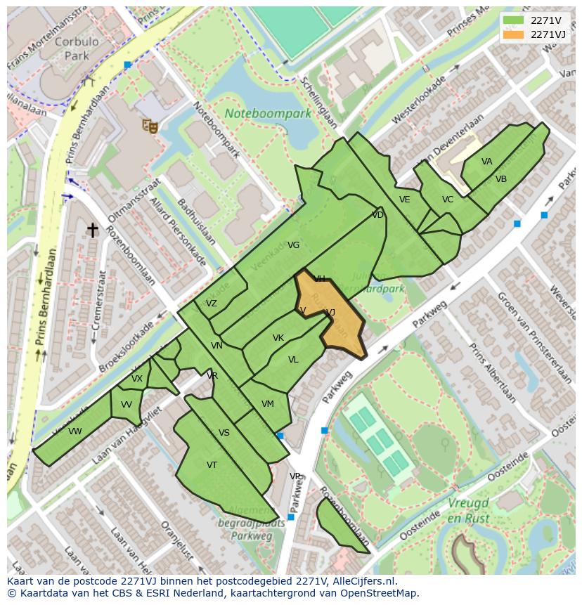 Afbeelding van het postcodegebied 2271 VJ op de kaart.