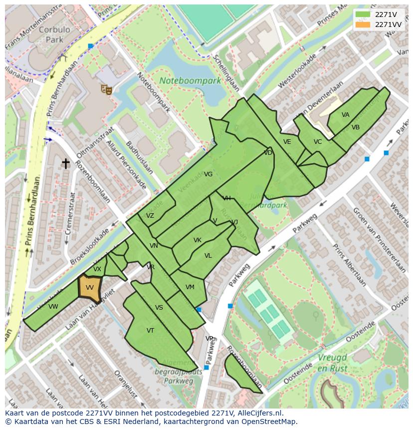 Afbeelding van het postcodegebied 2271 VV op de kaart.