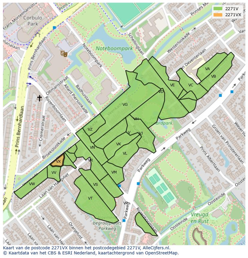 Afbeelding van het postcodegebied 2271 VX op de kaart.
