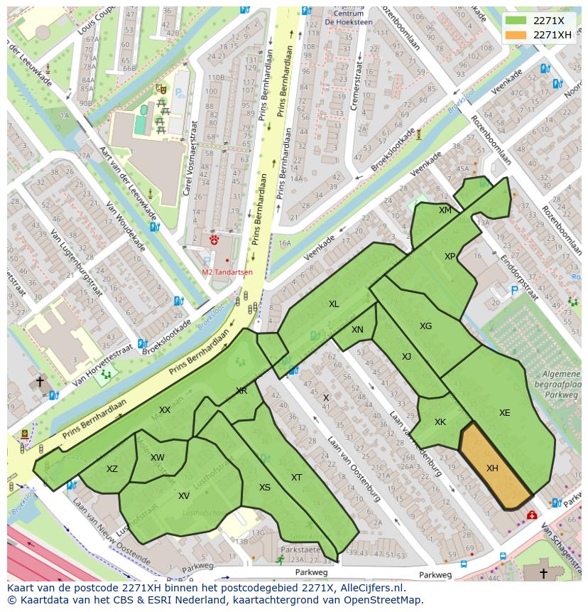 Afbeelding van het postcodegebied 2271 XH op de kaart.