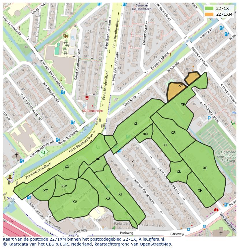 Afbeelding van het postcodegebied 2271 XM op de kaart.