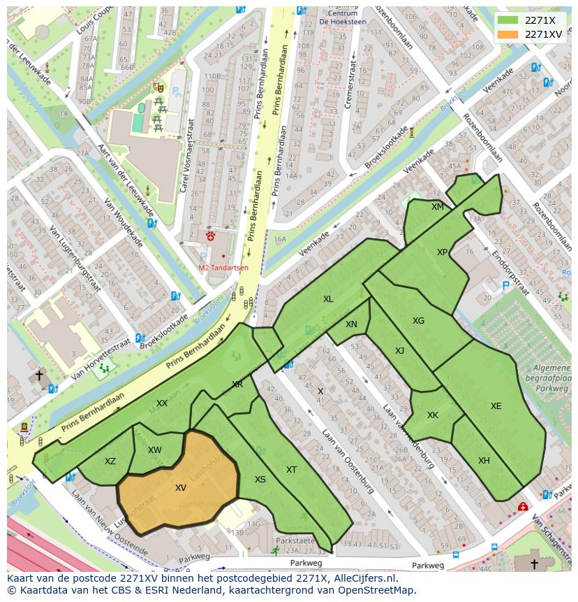 Afbeelding van het postcodegebied 2271 XV op de kaart.