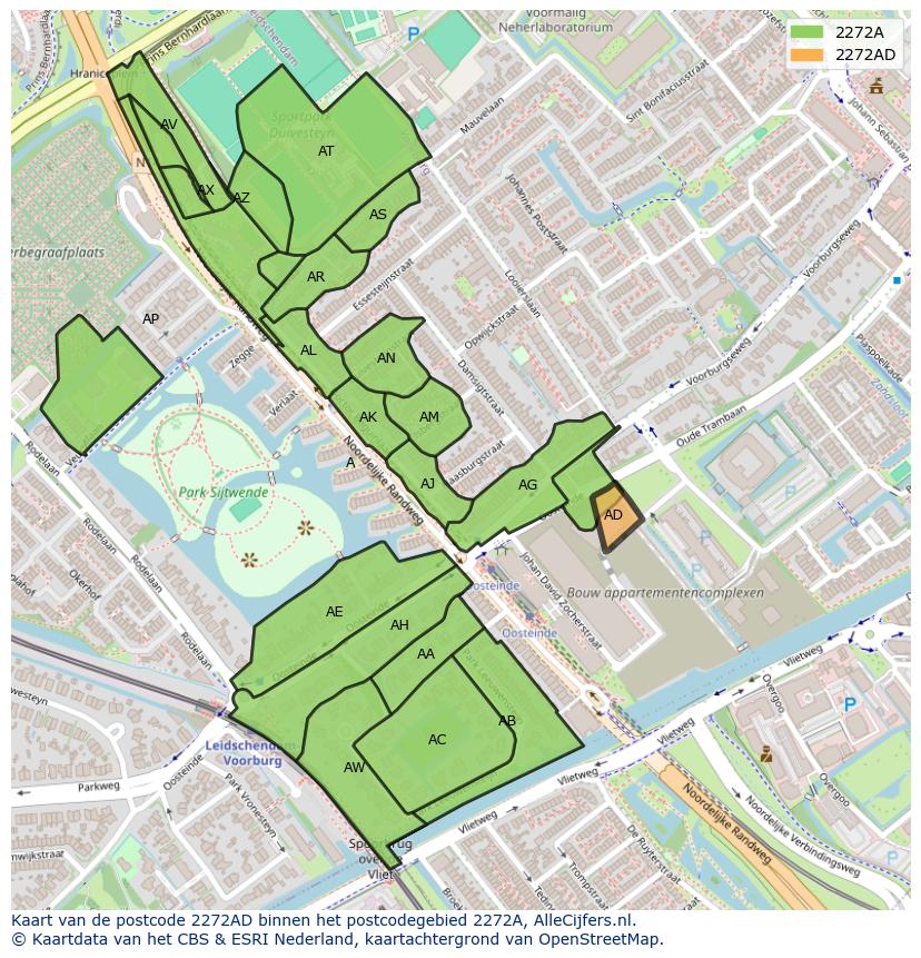 Afbeelding van het postcodegebied 2272 AD op de kaart.